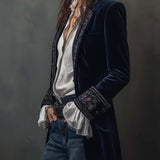 Athénaïs | Veste Longue Brodée Vintage Bleu Marine