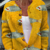 Gilet vintage avec impression artistique de poissons et sardines et boutons