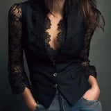 Noémie | Haut Blazer Noir à Manches Semi-Transparentes