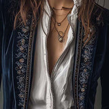 Athénaïs | Veste Longue Brodée Vintage Bleu Marine