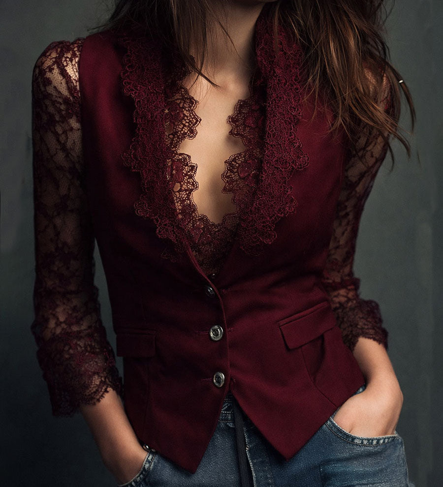 Noémie | Haut Blazer Noir à Manches Semi-Transparentes