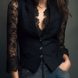 Noémie | Haut Blazer Noir à Manches Semi-Transparentes
