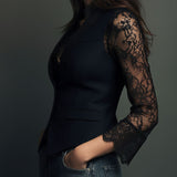 Noémie | Haut Blazer Noir à Manches Semi-Transparentes