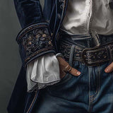 Athénaïs | Veste Longue Brodée Vintage Bleu Marine
