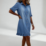 Rozenn™ — Robe chemise denim volantée charme décontracté