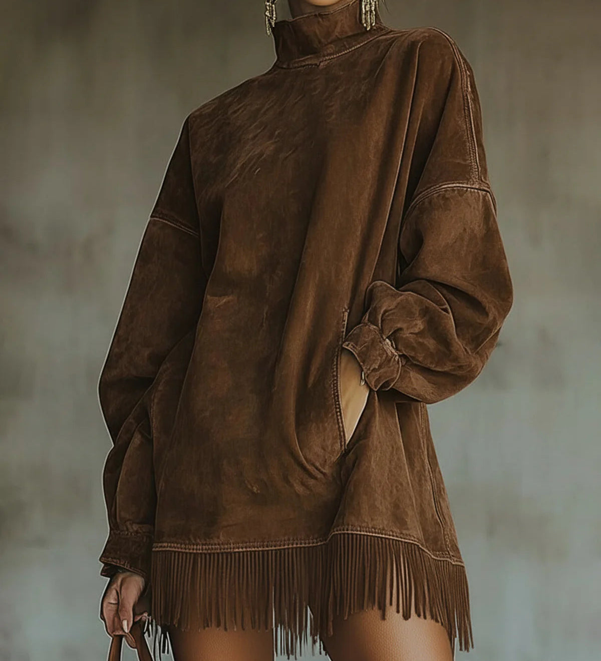 Gabrielle | Robe en Suédine à Col Montant et Franges