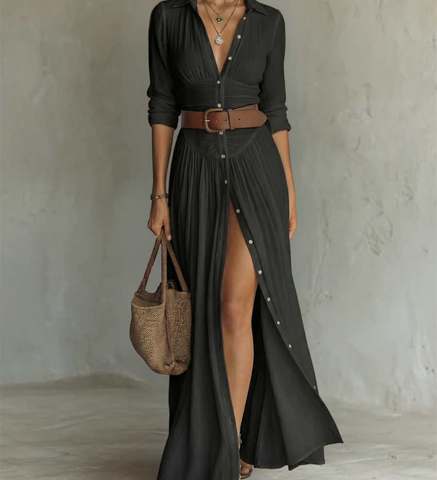 Amélia™ — Robe maxi élégante à col revers