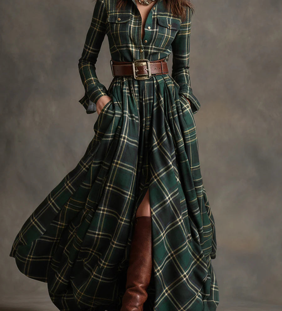 Béatrice | Robe Longue à Carreaux avec Ceinture