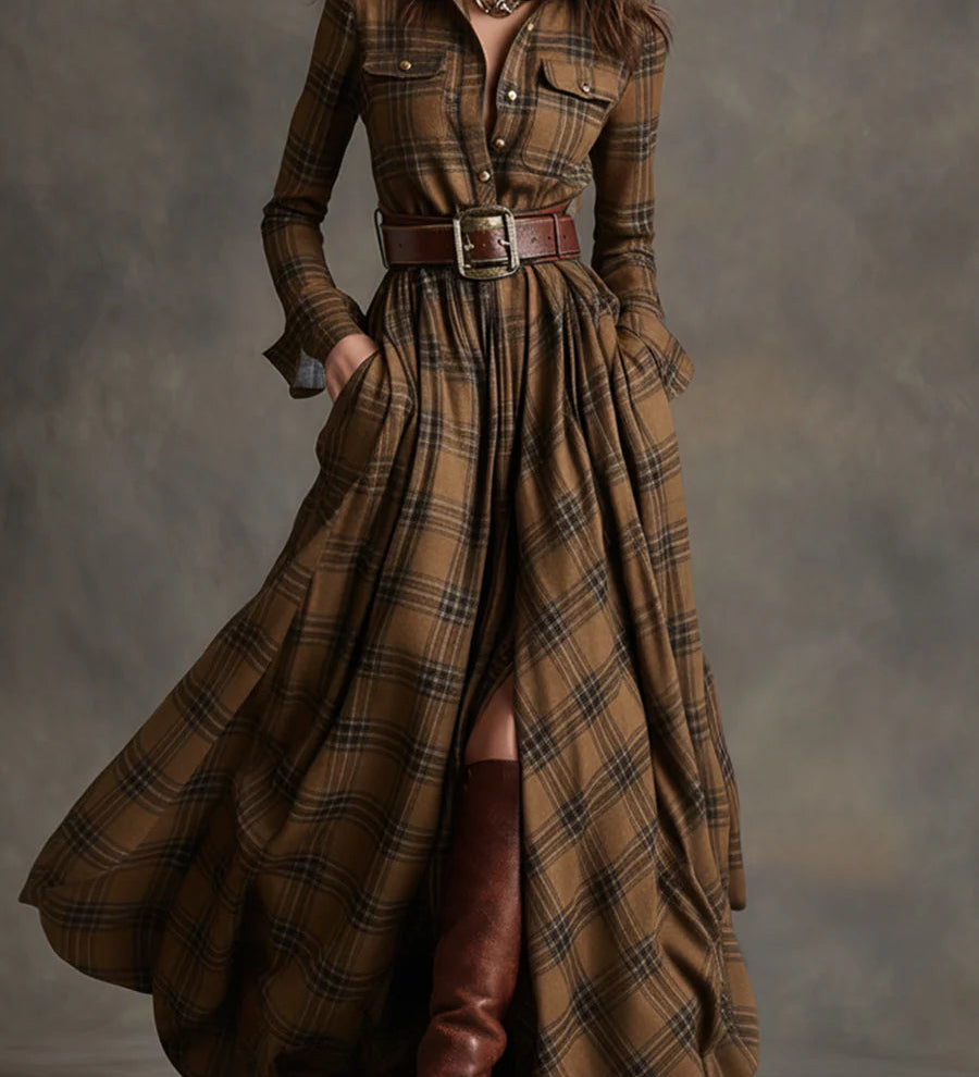 Béatrice | Robe Longue à Carreaux avec Ceinture