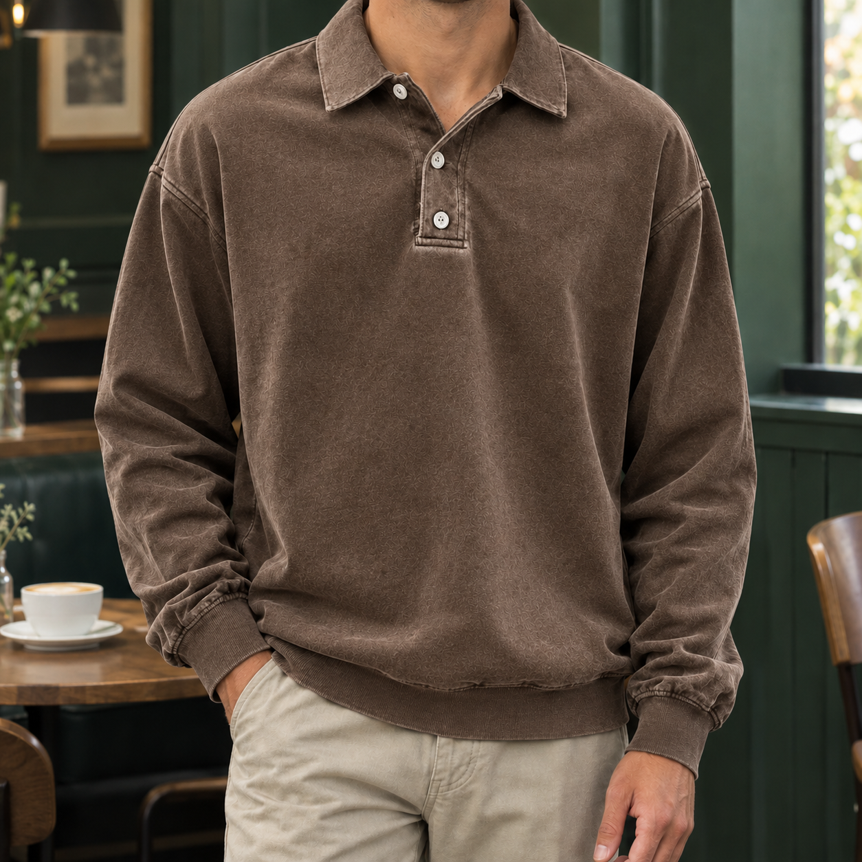 Polo homme manches longues boutonné